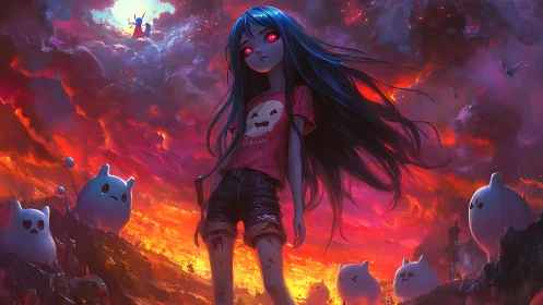 Apocalyptic anime girl with glowing eyes in fiery stormscape