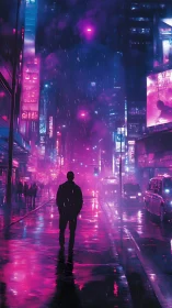 Neon rainwalker crossing a dream-drenched cyberpunk avenue.