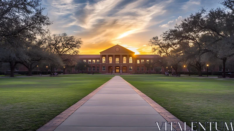 Sunset walkway toward symmetrical red-brick campus hall.