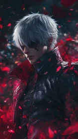 Silver haired antihero stands amid crimson petal storm.