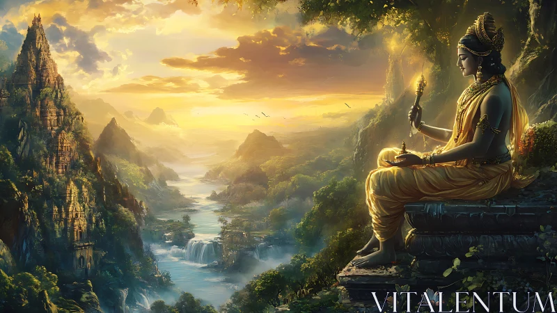 Sunlit river kingdom beneath meditating golden deity.