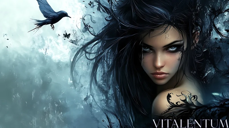 Dark haired woman with crow in icy abstract scene.