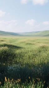 Soft sunlight drifts across a tranquil green valley meadow