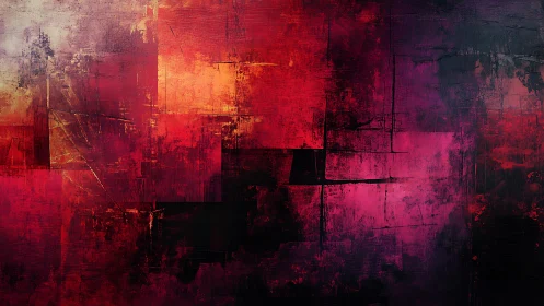 Abstract geometric painting in vivid red and purple tones, textured style.