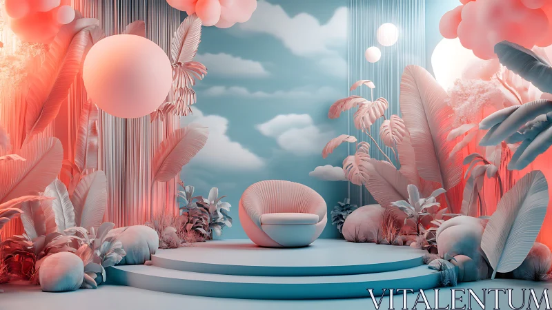 Pastel surreal lounge interior renders volumetric light gradients