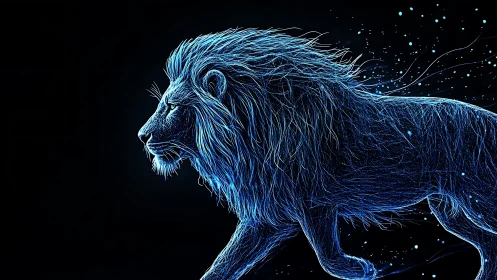 Neon blue lion profile outlined on dark black background.
