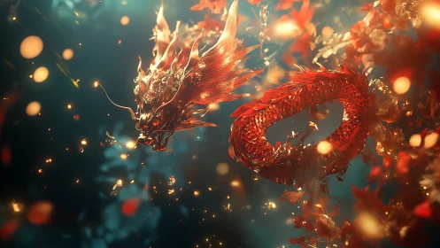 Celestial crimson dragon swirling through emberlit petals.