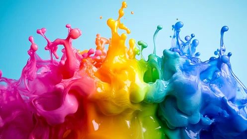 Vibrant rainbow paint splashes collide in dynamic motion