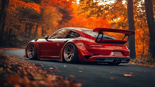 Red sports coupe on forest road in autumn foliage setting.