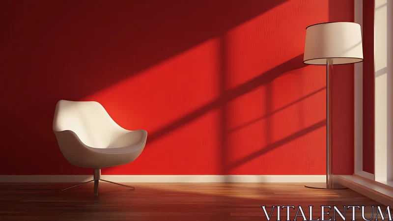White lounge chair and floor lamp against bold red wall.