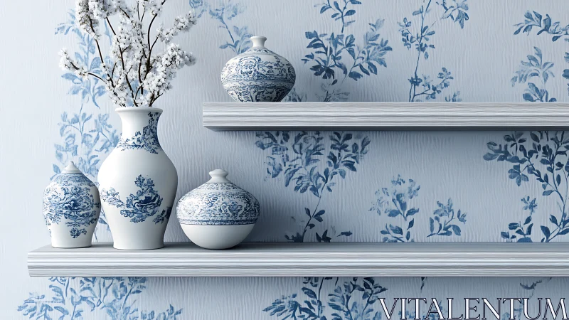 Photorealistic blue chinoiserie vases on floating wall shelves.