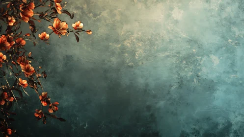 Orange Blooms Against Weathered Teal Wall