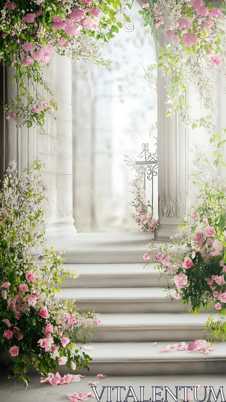 Marble stairway framed by cascading pink florals in soft haze