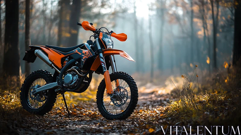 Trail-ready orange dirt bike under soft forest sunlight.