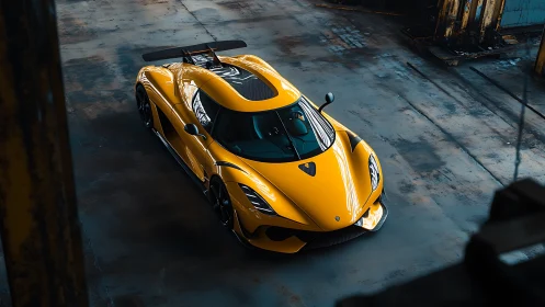 Yellow hypercar under moody warehouse directional lighting.