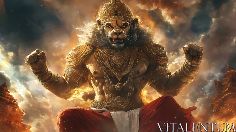 Majestic lion warrior seated in glowing divine armor.