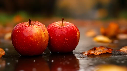 Rain-kissed autumn apples resting on a reflective path.