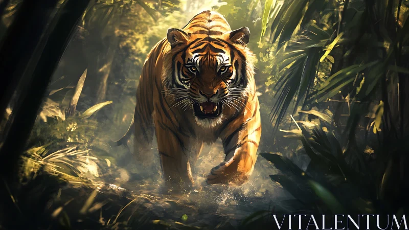 Dynamic tiger charge through backlit jungle stream with motion blur