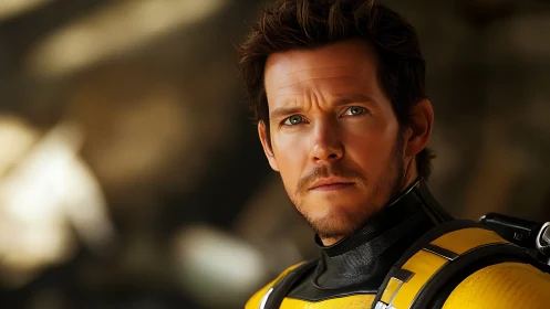 Star-suited wanderer pauses mid-mission in molten light