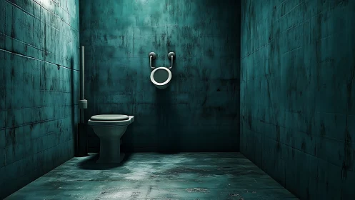 Moody teal bathroom with a lone toilet and quiet shadows.