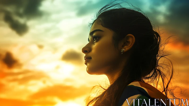 Sunlit profile portrait against vivid sunset sky.