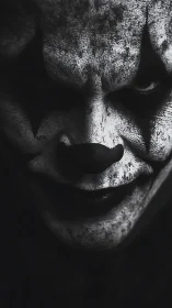 Monochrome close-up of sinister clown face in hard chiaroscuro