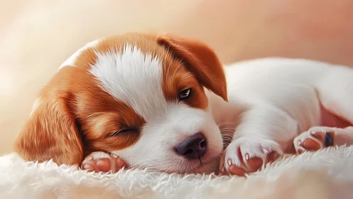 Sleepy brown and white puppy resting on soft blanket.
