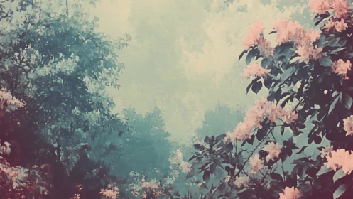 Dreamy Forest Path with Pink Flowering Trees.