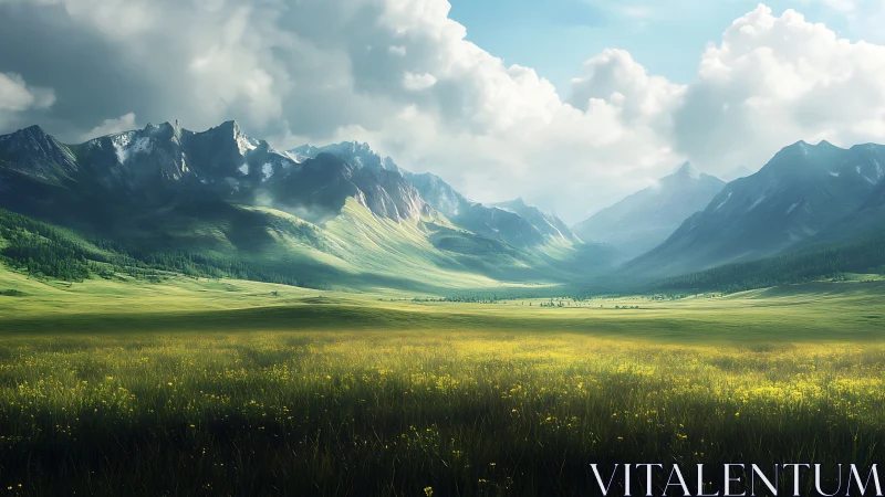 Sunlit valley meadow dreaming beneath towering alpine guardians.