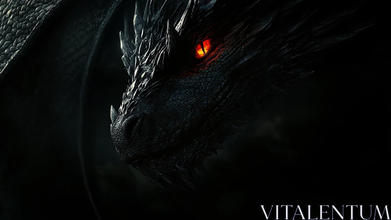 Close-up three-quarter profile of dark dragon with glowing eye