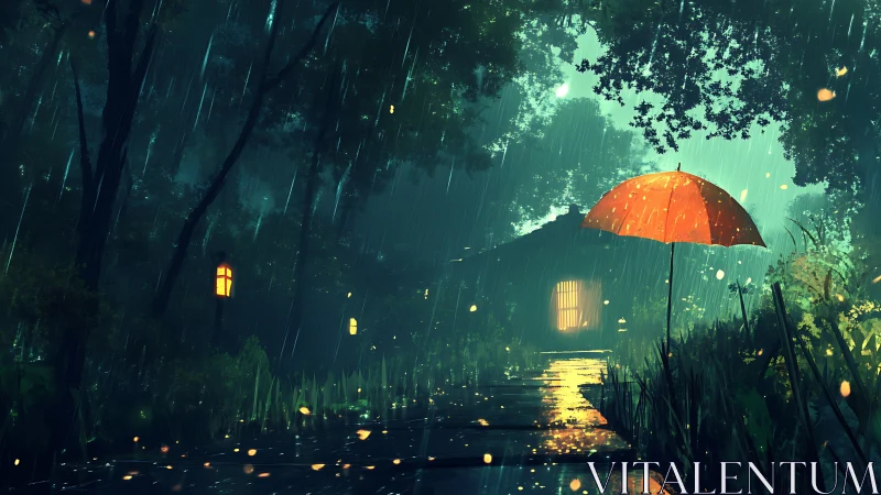 Red umbrella stands in rainy forest path near lit cabin