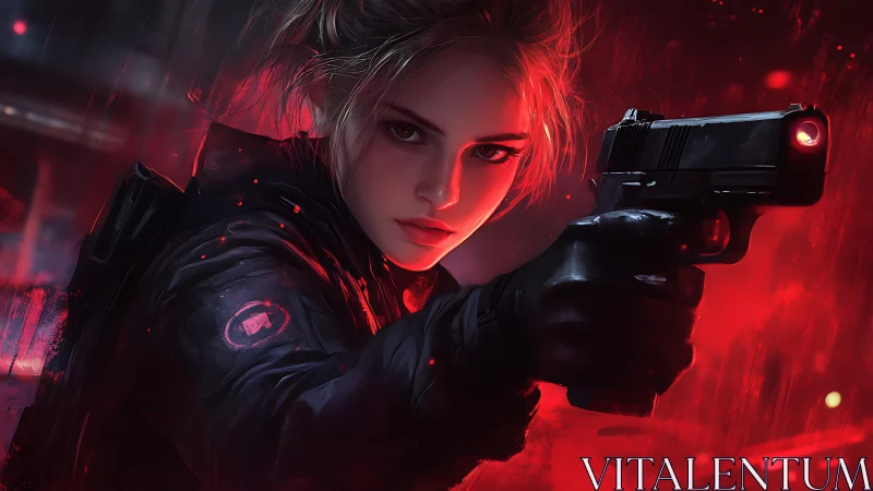 Armed heroine locks target under neon red city glow.