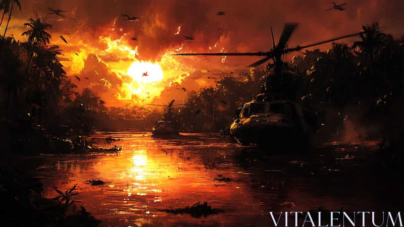 Helicopters over burning jungle river at war-torn sunset.