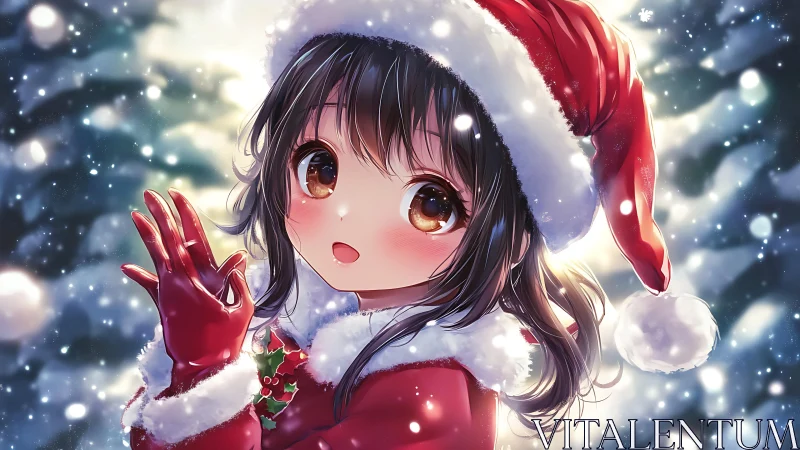 Warm-eyed anime girl enjoys a softly glowing Christmas snowfall