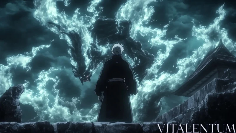 Sorcerer confronts ethereal dragon amid stormlit shrine.