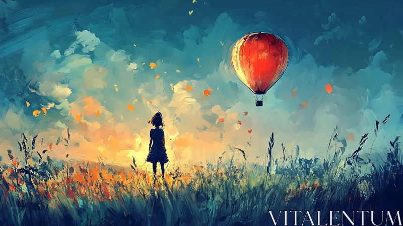 Girl watches a glowing hot air balloon drift through dusk sky
