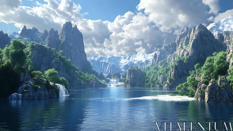 Sunlit alpine fjord with crystal waterfalls and cliffs.