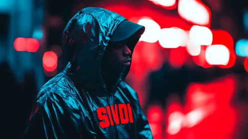 Neon soaked city night wraps a reflective hooded figure in glow