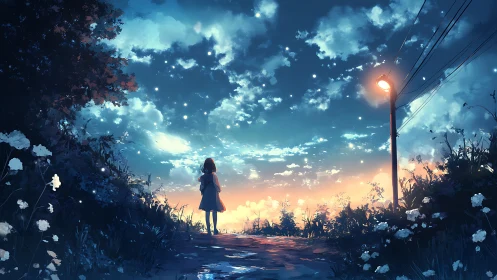 Twilight pathway invites a dreaming girl toward glowing skies