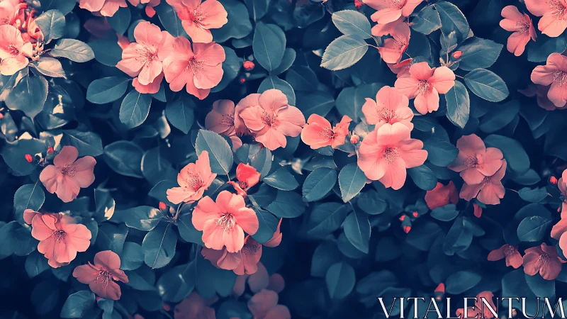 Pink Blossoms Nestled in Cool Tones: Garden's Sweet Romance.