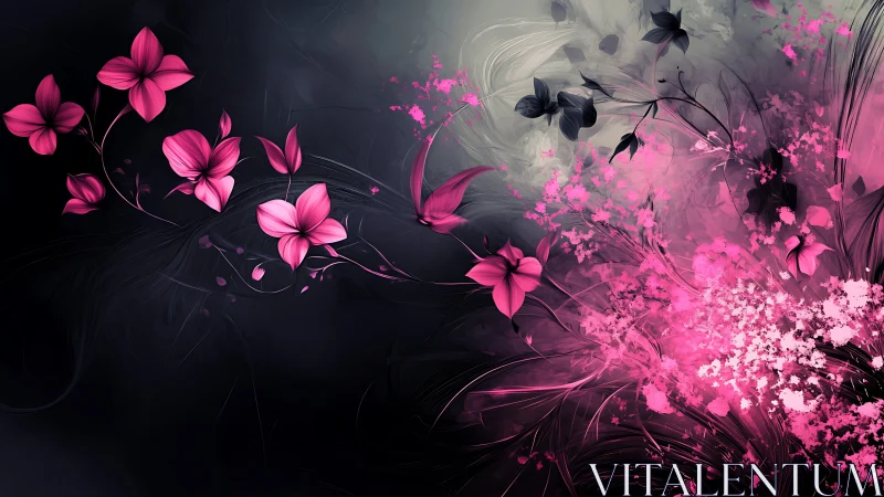 Luminescent Flora: Pink Blossoms Against Dark Abstract Composition.