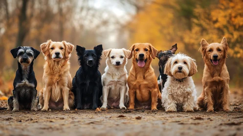Lineup of mixed-breed dogs on autumn forest path, frontal view