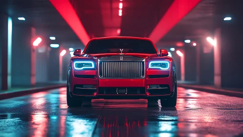 Red luxury sedan glows under neon lights in a wet tunnel.