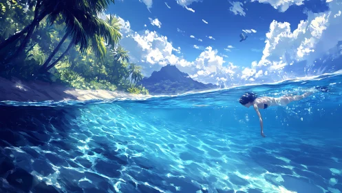 Split-view tropical seascape renders swimmer in luminous waters