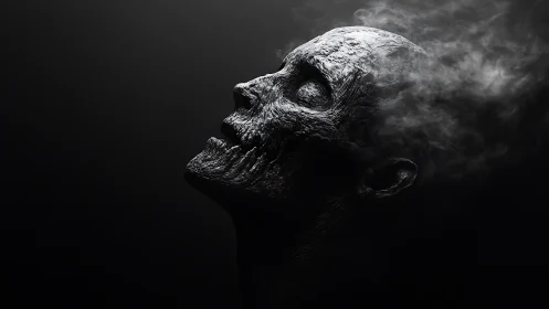 Ghostly skeletal portrait exhales into soft drifting smoke