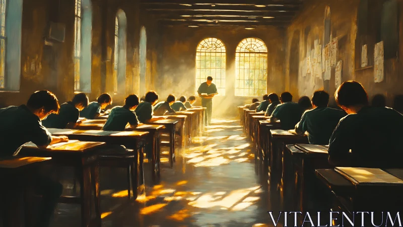 Sunlit examination hall with students under proctor&rsquo;s watch