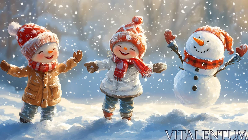Snow-kissed kids and a jubilant snowman in swirling sparkle.