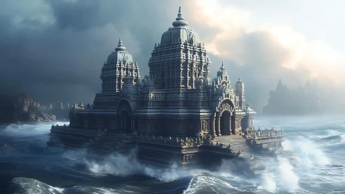 Storm-lit ocean temple rising through crashing waves.