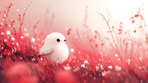 White Bird Rest in Pink Wildflower Meadow