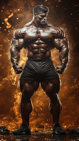 Forged Titan Of Iron: Flame-Lit Ultra-Real Bodybuilder Stance.
